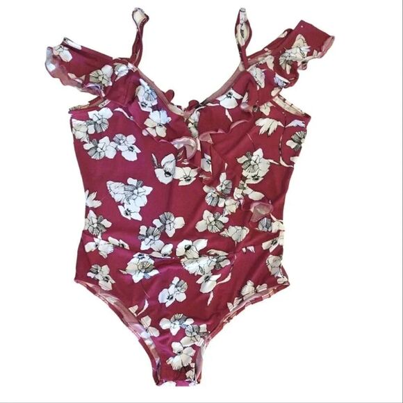 Heart Soul Pink White Floral Ruffled Cold Shoulder Surplice Bodysuit XL - Picture 8 of 14